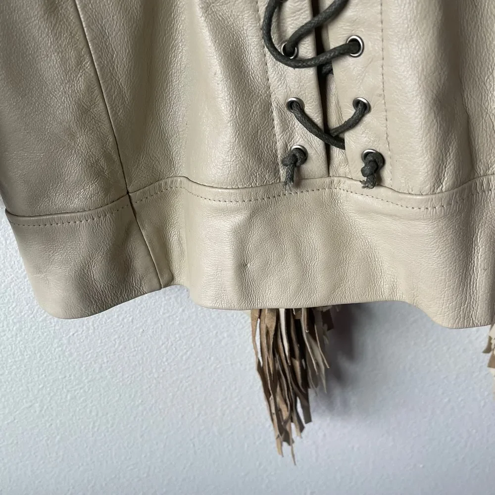 Vintage Lew Magram Collection White Fringe Western Pig Nappa Leather Jacket - Picture 10 of 12